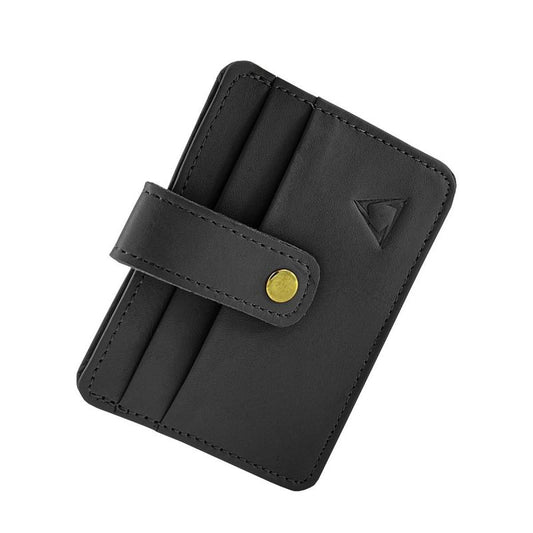 Aniline Cowhide Leather Compact Bi-Fold Card Holder Black